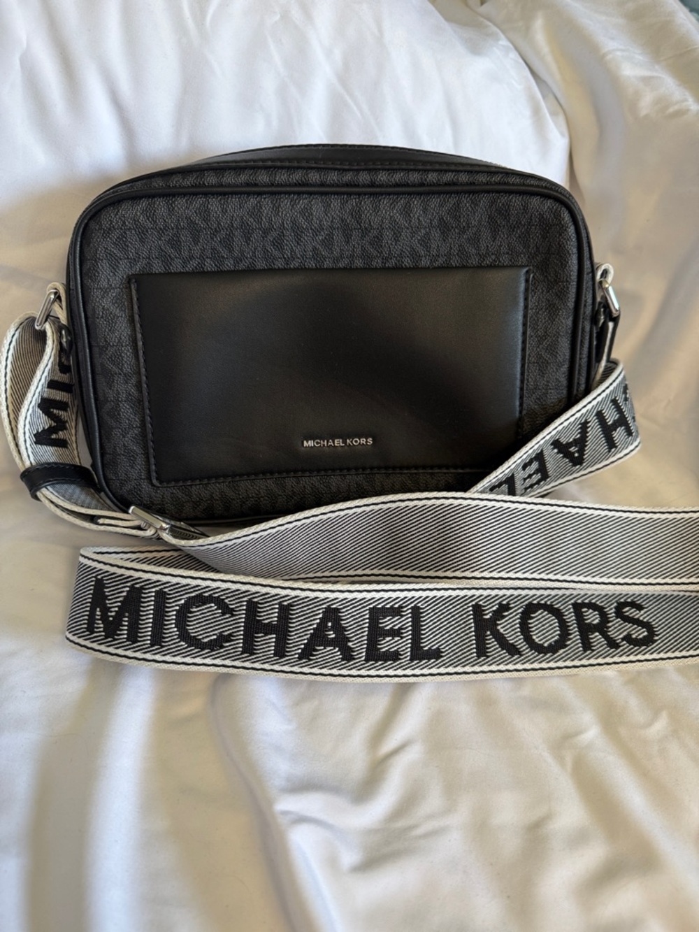 Michael Kors Black Crossbody Bag with White Logo Strap